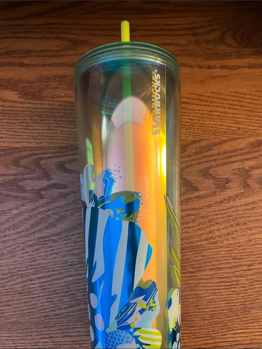 Starbucks Iridescent Green and Blue Floral Tumbler with Yellow Straw